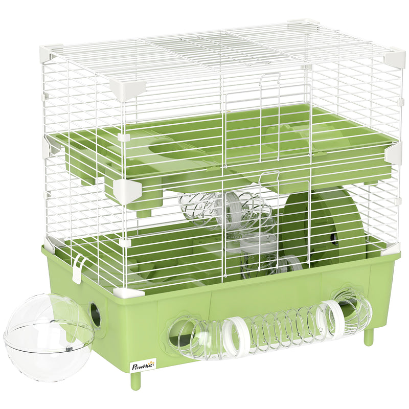 Cage pour hamster  à 2 niveaux avec roue de course salle de bain en sable pour hamster nain 44,5 x 28 x 44 cm vert