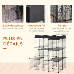 Lot de 2 cages parc enclos pour petits animaux chats visons modulable 3 niveaux 2 portes rampe fil métallique noir