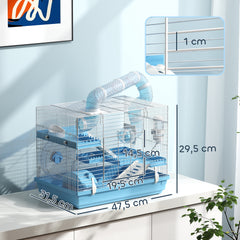 Cage pour hamster portable avec cabane, roue de course, gamelle, bouteille d'eau, 47,5 x 31,5 x 29,5 cm, bleu clair