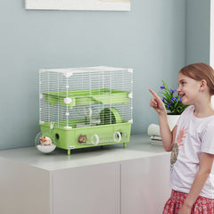 Cage pour hamster  à 2 niveaux avec roue de course salle de bain en sable pour hamster nain 44,5 x 28 x 44 cm vert