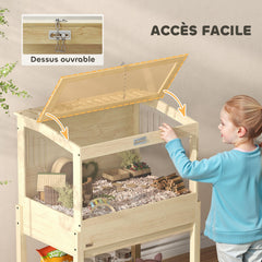 Cage à hamster en bois surélevée avec plateau de rangement couvercle ouvrable 83,2 x 50 x 103 cm effet bois naturel