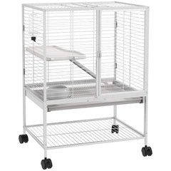Cage pour petits animaux sur roulettes 2 niveaux avec 2 portes, 1 rampe, 1 étagère de rangement 61,5 x 44,5 x 86 cm gris