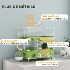 Cage pour hamster  à 2 niveaux avec roue de course salle de bain en sable pour hamster nain 44,5 x 28 x 44 cm vert