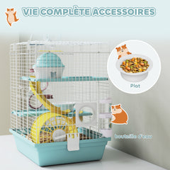 Cage hamster, cage rongeur à 3 niveaux, avec roue d'exercice, tunnel de jeu, gamelle, cabane, 34,5 x 27,5 x 41 cm, bleu