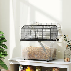 Cage pour hamster portable cage pour hamster avec rampe, gamelle, bouteille d'eau système de tuyaux 58 x 43 x 57 cm noir