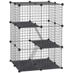 Enclos pour petits animaux, cage à lapin modulable 3 niveaux, 39 panneaux avec  rampes, en métal, 70 x 70 x 105 cm, noir