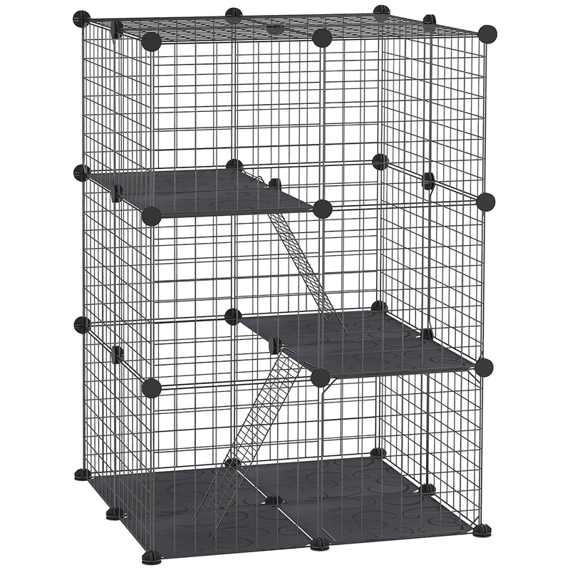 Enclos pour petits animaux, cage à lapin modulable 3 niveaux, 39 panneaux avec  rampes, en métal, 70 x 70 x 105 cm, noir