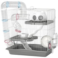 Cage hamster, cage rongeur à 3 niveaux, roue d'exercice, tunnel, gamelle, niche et rampe d'accès, 45 x 30 x 45 cm, gris