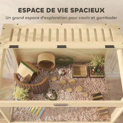 Cage à hamster en bois surélevée avec plateau de rangement couvercle ouvrable 83,2 x 50 x 103 cm effet bois naturel