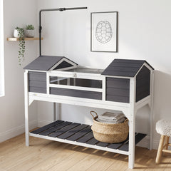 Maison tortue terrestre extérieure enclos tortue 2 niches support de lampe réglable bois massif 122 x 56,5 x 93 cm gris