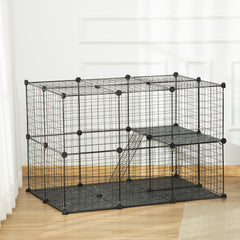 Enclos pour petits animaux, cage à lapin modulable 3 niveaux, 39 panneaux avec  rampes, en métal, 70 x 70 x 105 cm, noir