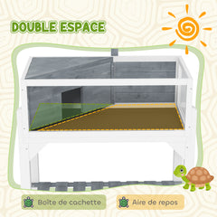 Maison pour tortues terrarium tortue terrestre sur pieds 2 zones toit ouvrant zone interactive 84,5 x 47,5 x 90 cm gris