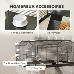 Cage pour hamster portable cage pour hamster avec rampe, gamelle, bouteille d'eau système de tuyaux 58 x 43 x 57 cm noir