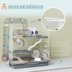 Cage hamster, cage rongeur à 3 niveaux, roue d'exercice, tunnel, gamelle, niche et rampe d'accès, 45 x 30 x 45 cm, gris