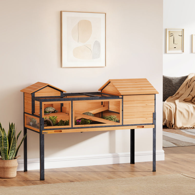 Maison pour tortues à 2 étages 2 chambres fenêtres rampes toit ouvrable et plateau 128 x 63 x 96 cm jaune