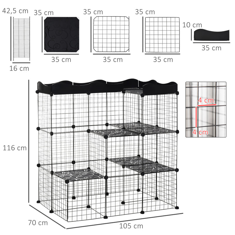 Lot de 2 cages parc enclos pour petits animaux chats visons modulable 3 niveaux 2 portes rampe fil métallique noir