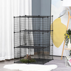 Enclos pour petits animaux, cage à lapin modulable 3 niveaux, 39 panneaux avec  rampes, en métal, 70 x 70 x 105 cm, noir