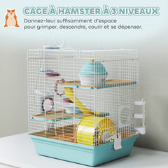 Cage hamster, cage rongeur à 3 niveaux, avec roue d'exercice, tunnel de jeu, gamelle, cabane, 34,5 x 27,5 x 41 cm, bleu
