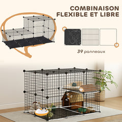 Enclos pour petits animaux, cage à lapin modulable 3 niveaux, 39 panneaux avec  rampes, en métal, 70 x 70 x 105 cm, noir