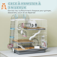 Cage hamster, cage rongeur à 3 niveaux, roue d'exercice, tunnel, gamelle, niche et rampe d'accès, 45 x 30 x 45 cm, gris