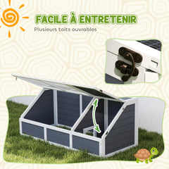 Maison enclos cage pour petit animal tortue en bois avec couvercle ouvrable, loquets, 2 espaces distincts, gris