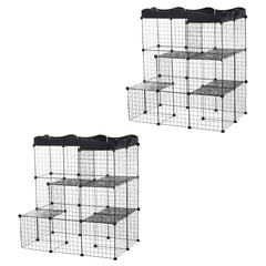 Lot de 2 cages parc enclos pour petits animaux chats visons modulable 3 niveaux 2 portes rampe fil métallique noir
