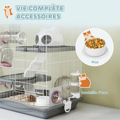 Cage hamster, cage rongeur à 3 niveaux, roue d'exercice, tunnel, gamelle, niche et rampe d'accès, 45 x 30 x 45 cm, gris