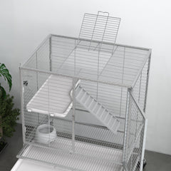 Cage pour petits animaux sur roulettes 2 niveaux avec 2 portes, 1 rampe, 1 étagère de rangement 61,5 x 44,5 x 86 cm gris