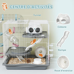 Cage hamster, cage rongeur à 3 niveaux, roue d'exercice, tunnel, gamelle, niche et rampe d'accès, 45 x 30 x 45 cm, gris