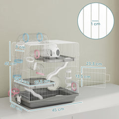 Cage hamster, cage rongeur à 3 niveaux, roue d'exercice, tunnel, gamelle, niche et rampe d'accès, 45 x 30 x 45 cm, gris