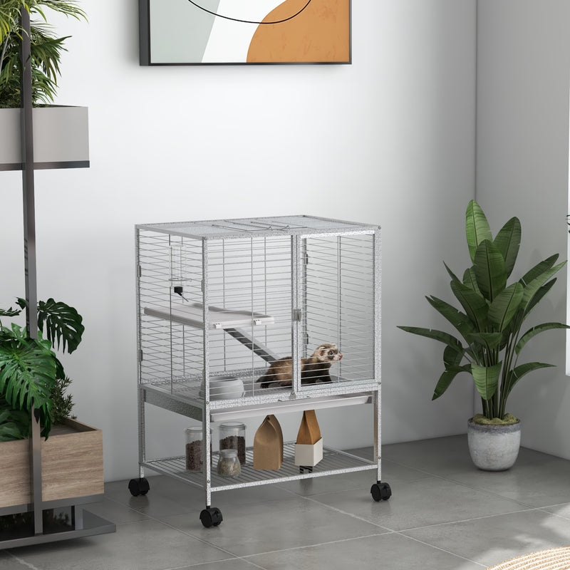 Cage pour petits animaux sur roulettes 2 niveaux avec 2 portes, 1 rampe, 1 étagère de rangement 61,5 x 44,5 x 86 cm gris
